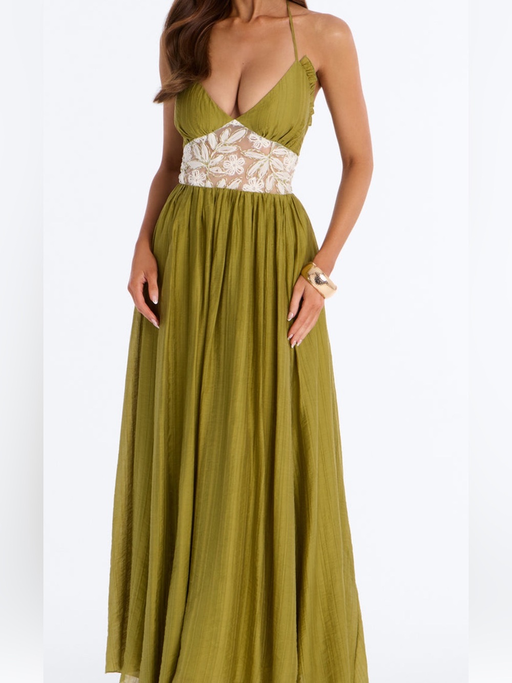 Fashion Nova Olive Green Maxi Dressy Skirt with Lace Waist